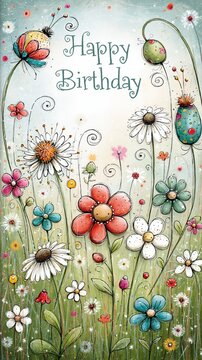 Carte anniversaire illustr&eacute;e avec des fleurs color&eacute;es et un papillon