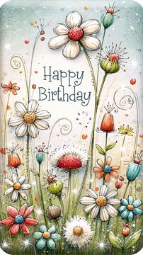 Carte anniversaire aquarelle avec fleurs champ&ecirc;tres color&eacute;es et joyeuses