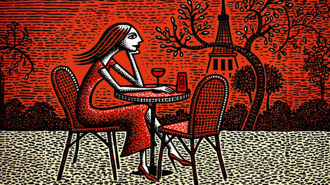 Une femme &eacute;l&eacute;gante seule &agrave; une terrasse parisienne avec la tour Eiffel