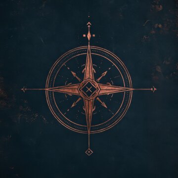 vintage copper compass rose navigation symbol artwork on dark grunge background showing north south east west direction indicator for travel exploration discovery adventure map design, concept photo