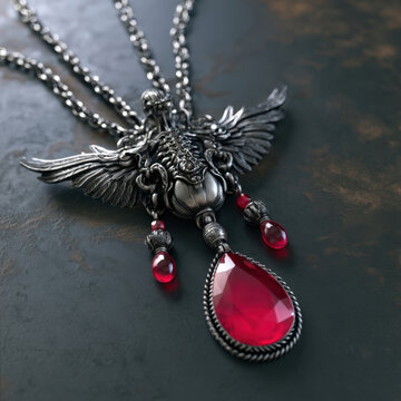 gothic silver wing pendant necklace with large red teardrop ruby gemstone jewel resting on dark stone surface showing luxury vintage victorian style craftsmanship fashion jewelry accessory luxury