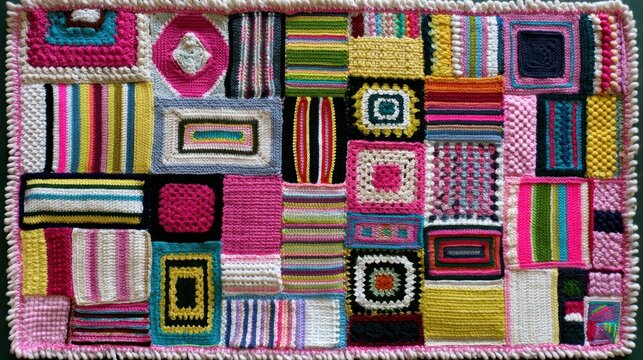 colorful hand knitted crochet patchwork blanket carpet texture showing bright multicolor geometric granny squares stripes pattern handmade wool yarn craft background home decor textile design photo