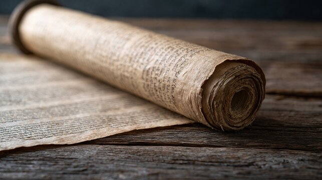 Ancient aged parchment scroll with text unrolled on rustic wooden table background