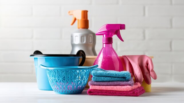 Produits m&eacute;nagers color&eacute;s et accessoires de nettoyage sur surface blanche