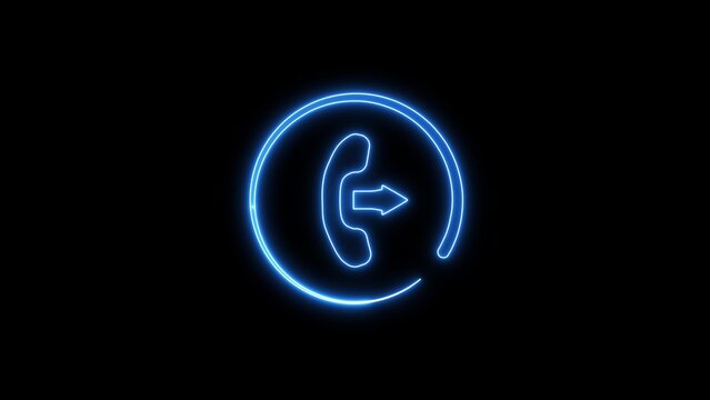 Glowing blue neon of an outgoing telephone call inside a circle, isolated on a solid black background