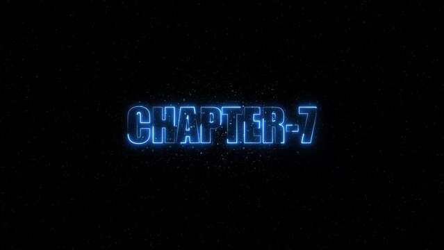 Glowing blue neon text reading chapter-7 centered on a dark black background, with subtle particle, dust effects