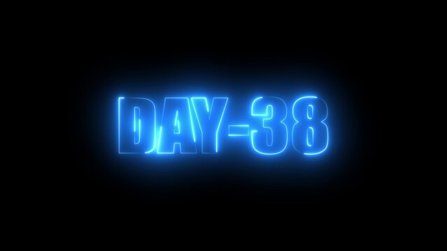 Glowing blue neon text reading day-38 isolated on a solid black background, digital typography signage