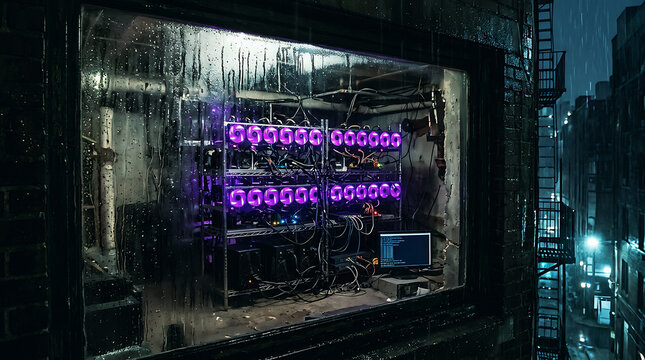 Modern computer server rack with glowing purple status lights in dark room . Ai Generated