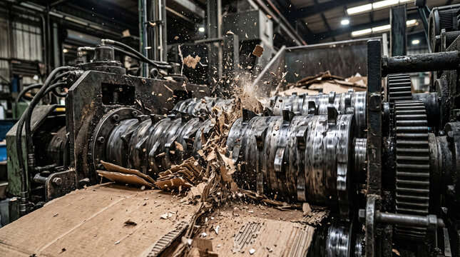 Close-up of an industrial shredding machine aggressively crushing and recycling thick cardboard waste with metal gears and flying debris in a factory.
