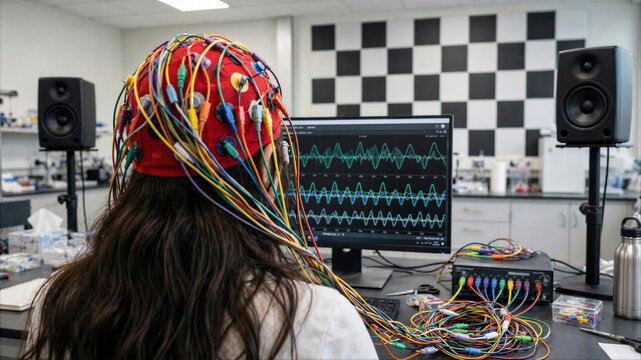 Woman wearing EEG cap with multicolored wires connected to a monitor displaying brainwave signals in a neuroscience laboratory research setting.