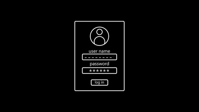 Minimalist white line login form interface with user username and password fields, and log in button on a solid black background