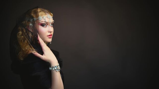 Fantasy dark queen woman beauty face looking back walking, go to themed stylized party, inviting follow me to Victorian masquerade ball, luxury elf girl, black dress hood blonde hair gothic person 