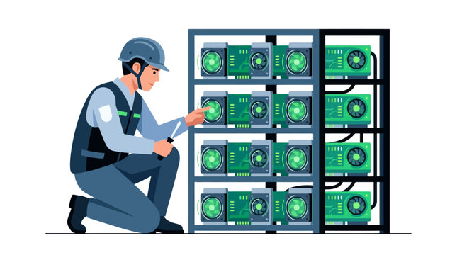 Professional technician inspecting cryptocurrency mining rig hardware in a data center flat vector illustration