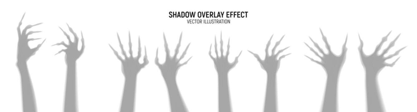 Halloween scary monster hands set. Collection of transparent shadows of witches or monster hands with long claws for Halloween decoration. Vector illustration of scary monster palms for horror designs