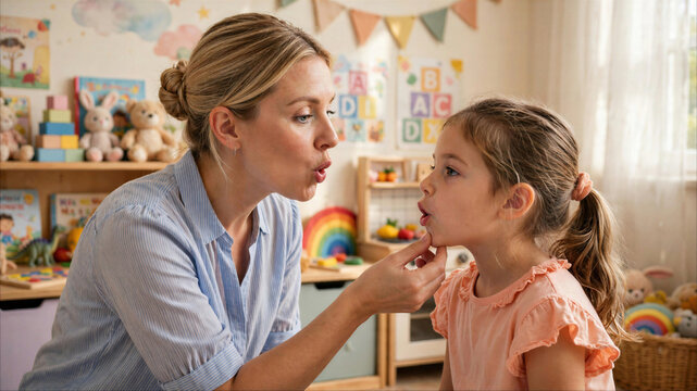 Female speech therapist working with young girl on articulation and mouth positioning in a colorful playroom