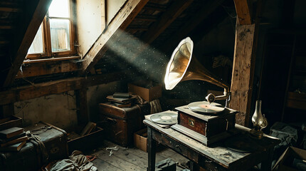 Fototapeta premium Vintage record player on wooden table with round mirror and candle in dimly lit room . Ai Generated