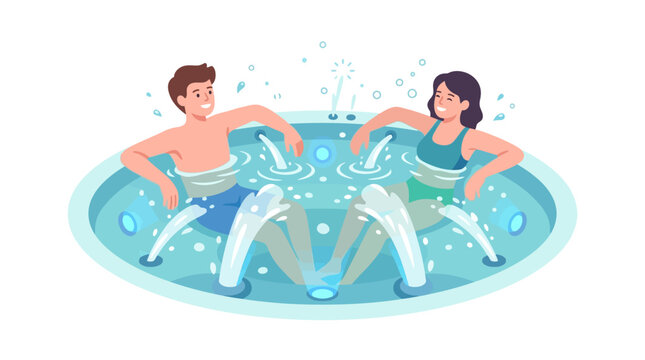Young couple relaxing in a luxury hot tub with water jets during a spa wellness session flat vector illustration.