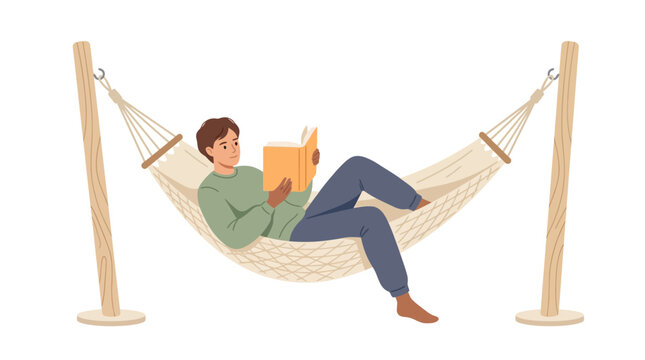 Young man relaxing in hammock reading a book for leisure and self care flat design vector illustration.