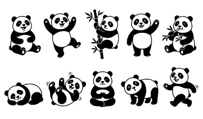 Cute giant panda bear cartoon vector illustration character set in different playful poses isolated on white background © MDSHAKIP