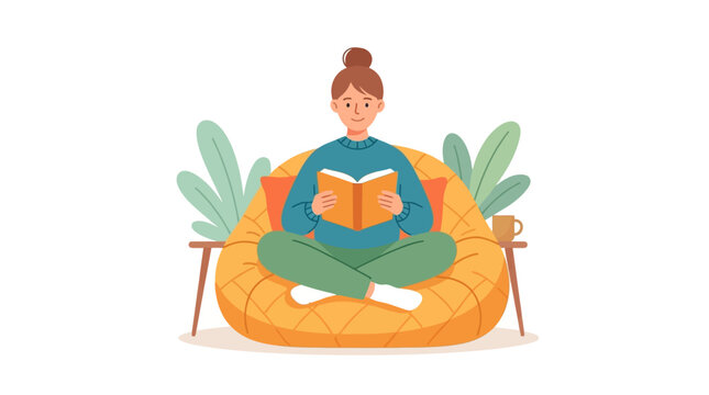 Young woman sitting cross-legged on cozy bean bag chair reading book in living room flat vector illustration.