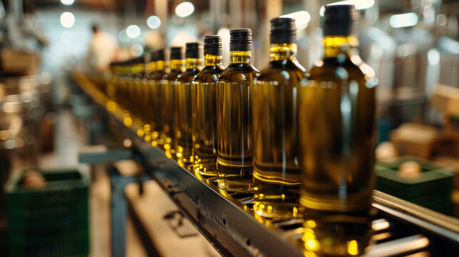 Tall, dark olive oil bottles moving on conveyor belt in modern factory production line.