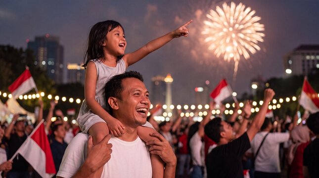 Father carries daughter on shoulders during festive celebration with fireworks and crowd waving flags in urban setting at night