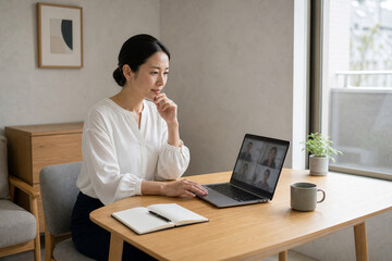 Obraz premium Japanese professional considering a decision during a video conference