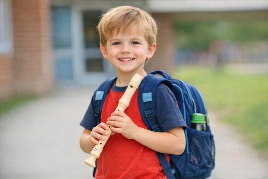 A young boy holding a blue backpack and playing a flute, likely in an outdoor setting