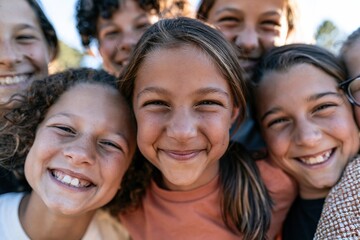 Fototapeta premium Close up of diverse preteen friends smiling in a joyful group huddle, capturing sun-drenched skin and natural expressions for youth recreation campaigns