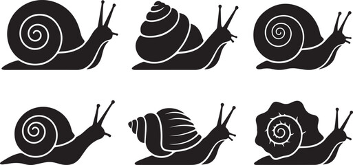 Snail Silhouette Vector Set, Garden Snail Icons Collection, Escargot Shell Black . © Rizvi