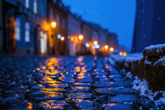 Wet cobblestone street on a snowy night with golden street lamps reflecting on slick pavement for a seasonal winter background