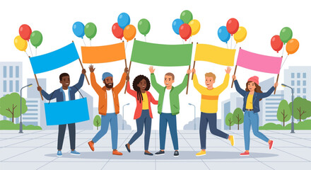 Fototapeta premium Diverse group of people holding colorful blank protest banners and balloons in urban square flat vector illustration.