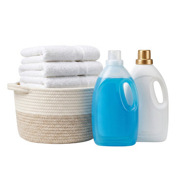 Laundry Basket with Clean White Towels and Detergent Bottles