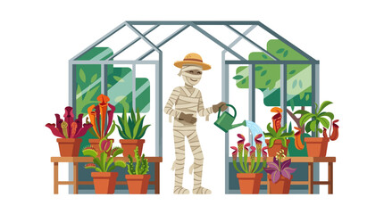 Naklejka premium Friendly mummy gardener watering exotic carnivorous plants inside glass greenhouse flat vector illustration