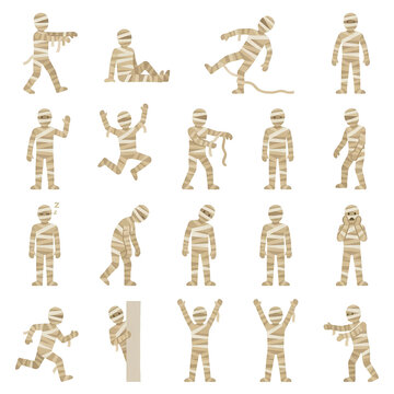 Set of mummy characters displaying varied poses and comical actions for thematic storytelling projects intended for creative human expressions involving wrapped figures walking running jumping