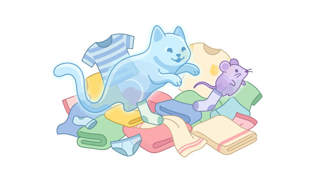 Playful blue ghost cat chasing purple ghostly mouse over a messy pile of folded laundry clothes flat design illustration
