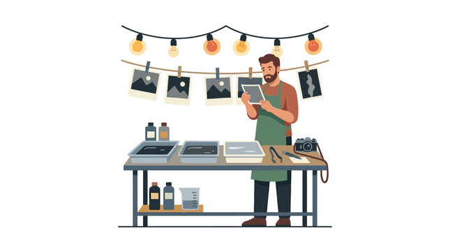 Professional male photographer examining developed film photo in a traditional darkroom laboratory flat vector illustration.