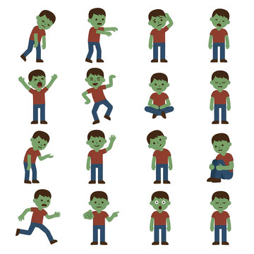 Set of cartoon green zombies with various emotions and body movements expressing diverse moods such as walking running waving pointing shouting sitting and standing during different interactive