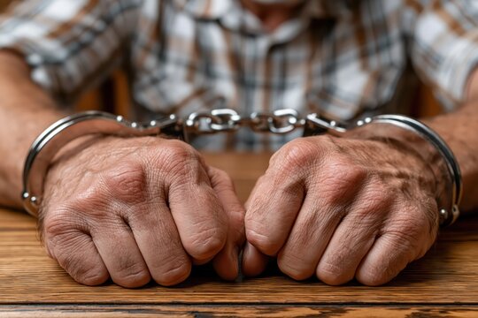 Close-up of an elderly man's hands cuffed together, resting on a wooden table, symbolizing arrest and confinement.