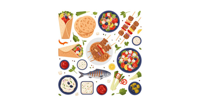 Traditional Greek Food and Mediterranean Cuisine Illustration