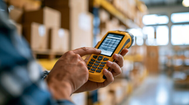 Bright warehouse inventory management scene with stacked boxes a handheld scanning device and a digital screen showing stock count data in a clean storage facility scanning