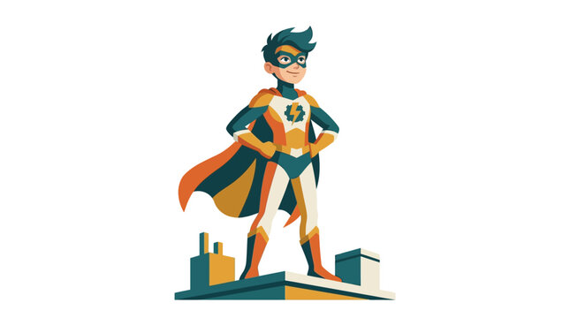 Brave teenage boy superhero standing in heroic pose on city rooftop flat vector illustration.