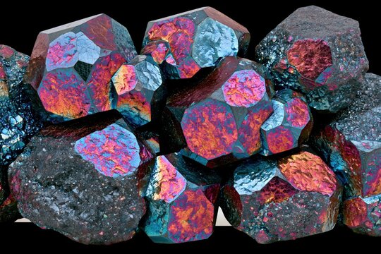 Close-up macro view of iridescent chalcopyrite mineral crystals with vibrant rainbow metallic colors.