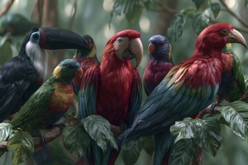Obraz premium A vibrant flock of exotic parrots and a toucan perched together on a lush jungle branch, showcasing colorful plumage and tropical foliage.