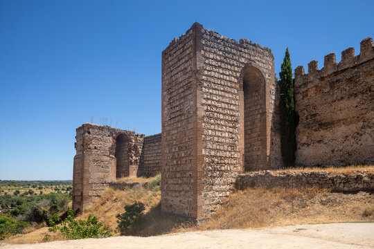 A close-up of the towers of Escalona Castle, Toledo, Castile-La Mancha, Spain