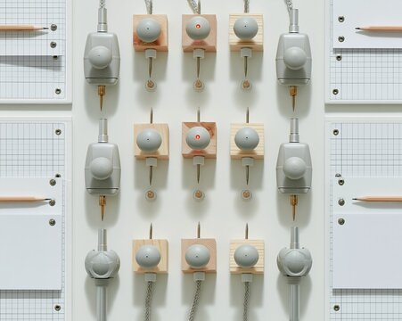 Moisture meter probes and pencil data logs arranged in a precise clinical grid on a white surface for construction and engineering design resources