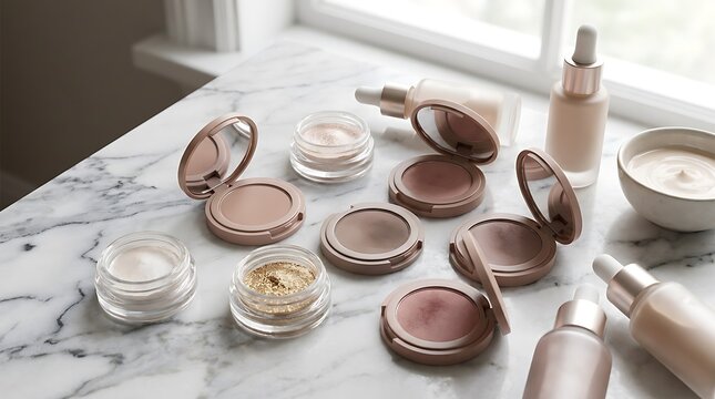 Set of luxury cosmetic makeup products and blush palettes on a marble surface. easy eyeshadow looks