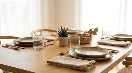 Fototapeta premium Modern dining table set with green plates and napkins in a bright home interior. eco-conscious tableware