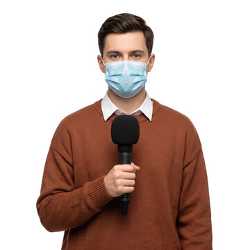 Reporter wearing face mask holding microphone, isolated on white background. News reporting during pandemic.