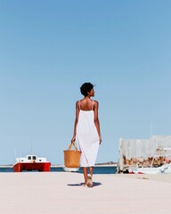 Fototapeta premium Black woman walking on a sun-drenched wooden dock with a straw bag for nautical style and summer travel concepts, plenty of copy space